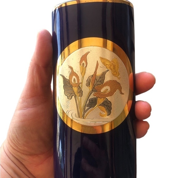 Vintage Chokin blue lily 24k gold lined vase butterfly florals beautiful gift - Picture 6 of 7